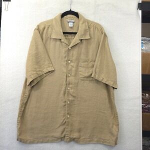 Breakwater Mens Large 100% Linen Short Sleeve Button Down Camp Shirt Tan Khaki